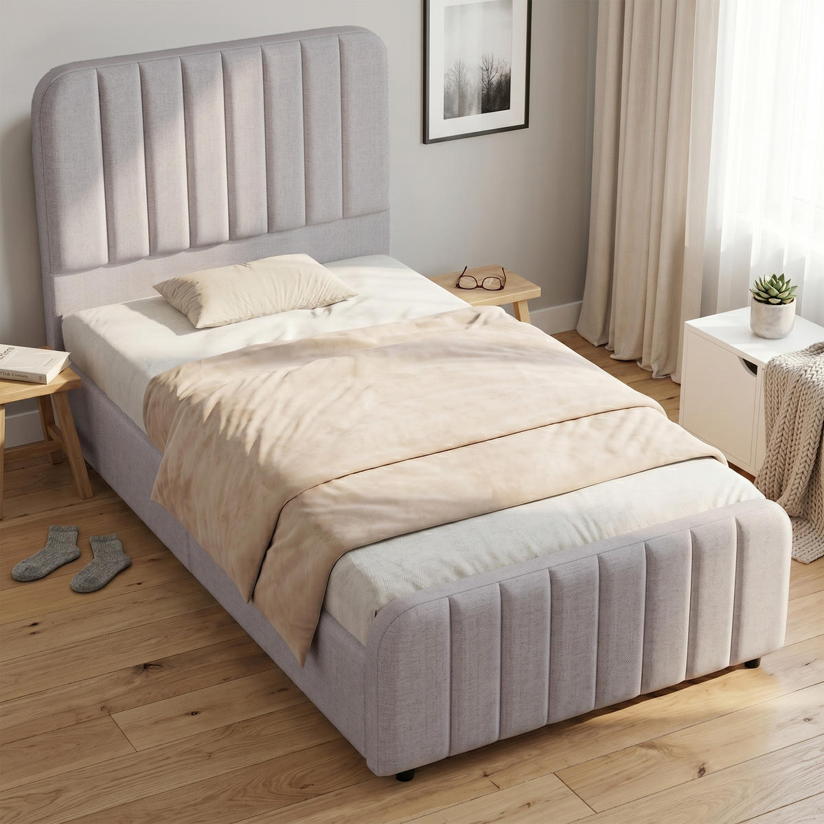 POLSTERBETT 90/200 cm in Grau mit Stauraum, Lattenrost und gepolstertem Kopfteil aus Leinen - Grau, Holzwerkstoff/Textil - STILVORA