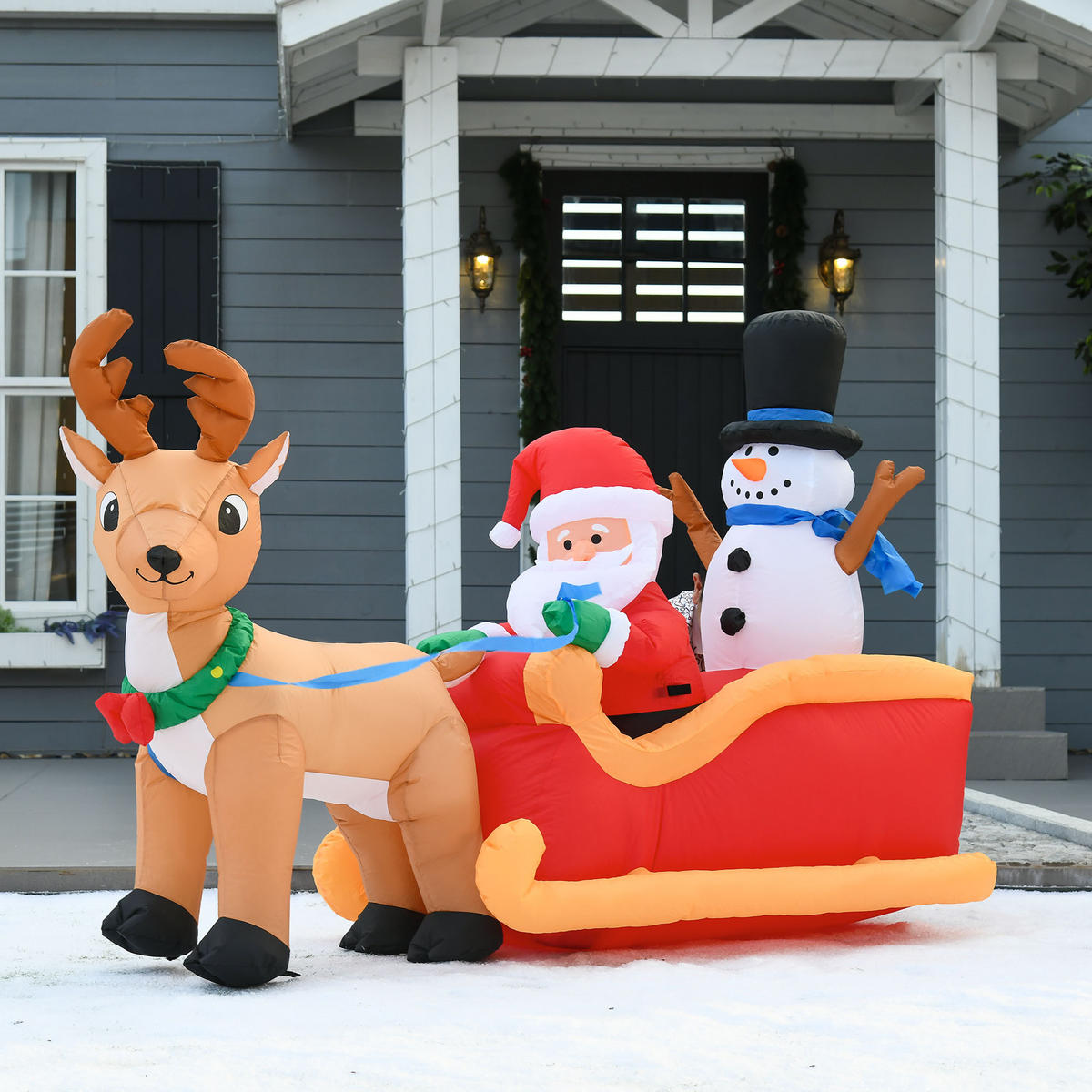 AUFBLASBARER Weihnachtsmann auf Schlitten mit Schneemann LED Polyester - Multicolor, Kunststoff (80/128/200cm) - HOMCOM