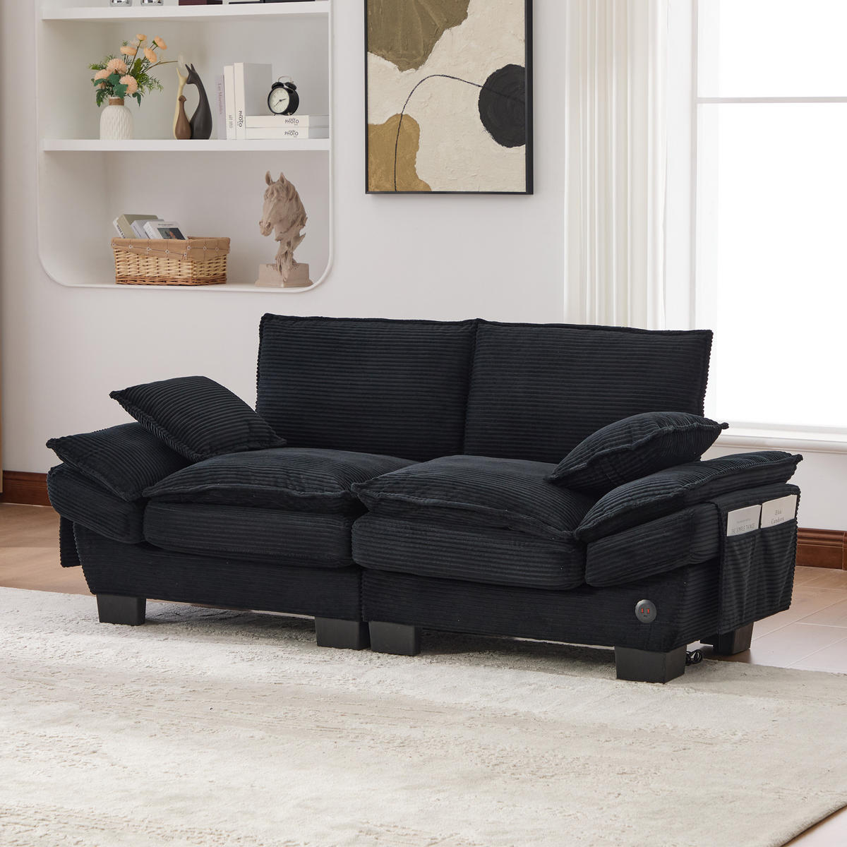 2-SITZER Sofa aus Cord 190x73x84 cm in Schwarz mit USB-C & Seitentaschen - Schwarz, Textil (73/84/190cm) - Modfu