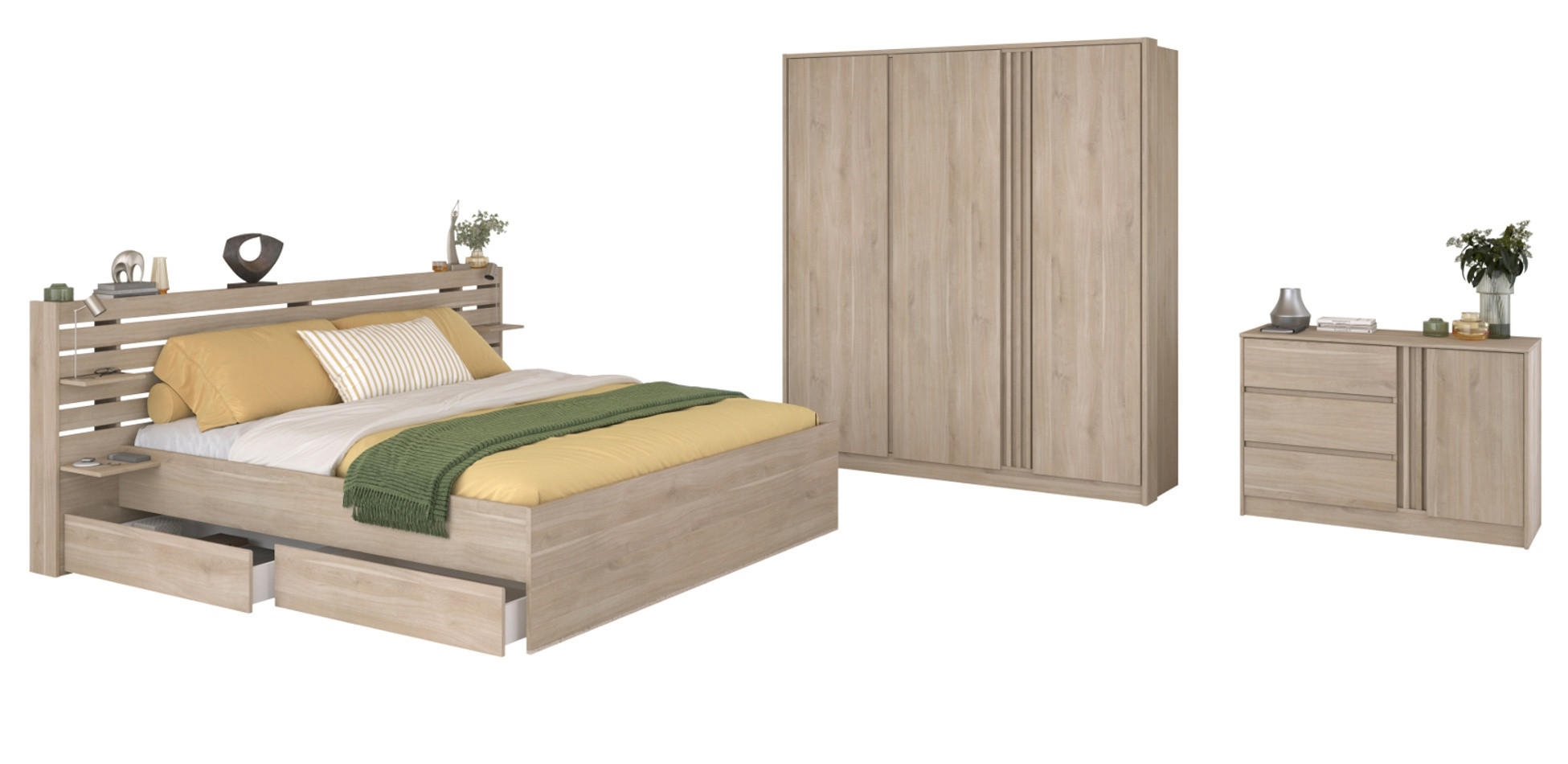 JUGENDZIMMER 3-teilig, Eiche japanisch, Komplettset mit Bett 140 x 200, Kleiderschrank, Kommode - Eichefarben, Holzwerkstoff (185/203/217cm) - Parisot Meuble