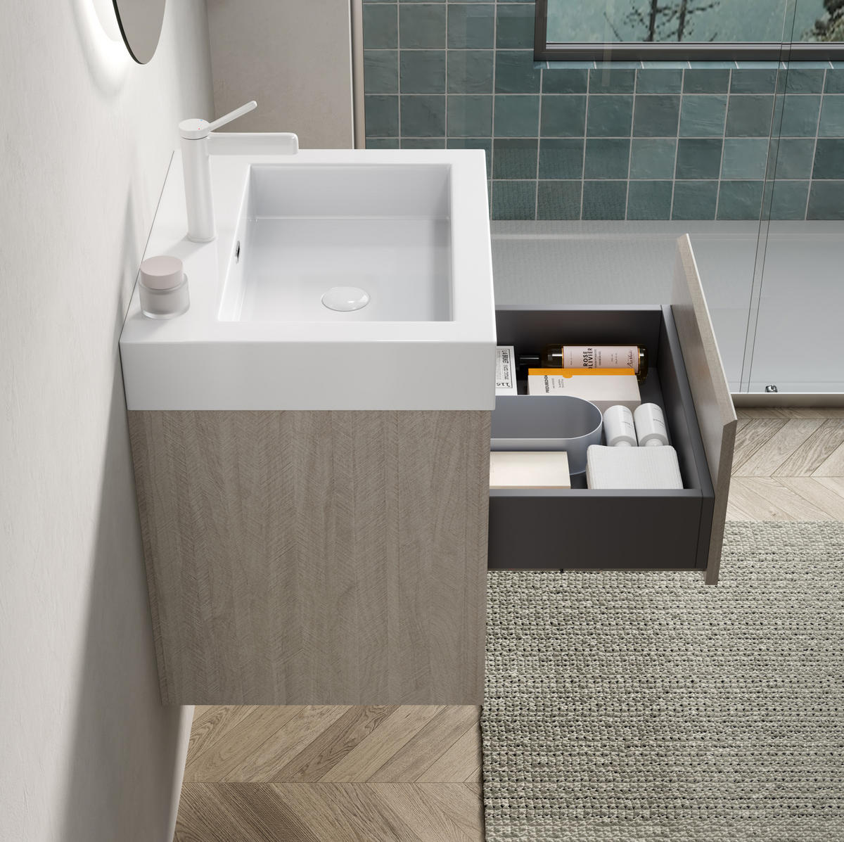 WASCHTISCHKOMBI 55x46x60cm Helle Eiche/Weiß mit Resinbecken & Massivholzfront - Creme, Kunststoff (55/60/46cm) - Modfu