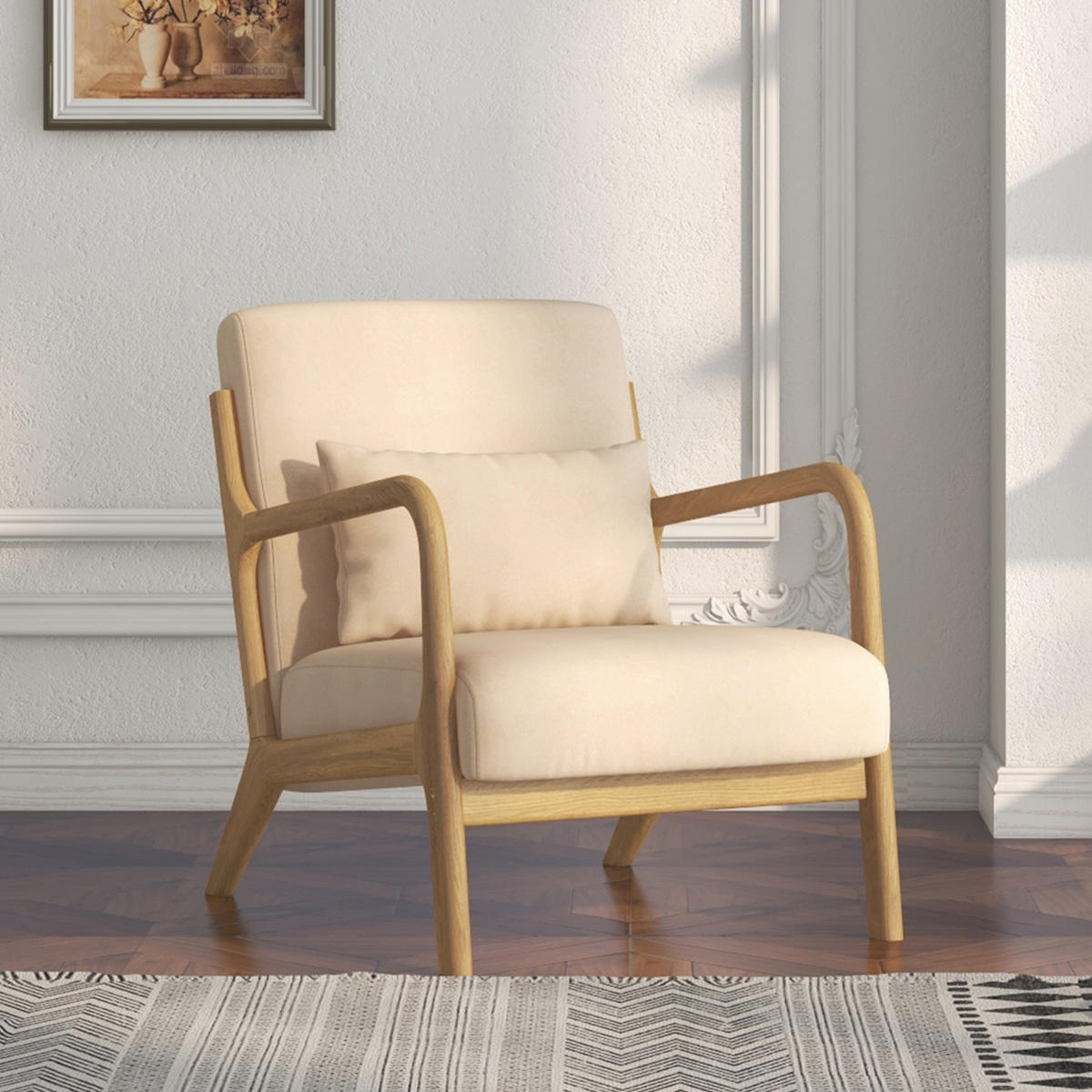 ARMLEHNSTUHL DE-13201 3 Kissen & tiefe Sitzfläche Beige - Beige, Holz (78/76/61cm) - ComfortXL
