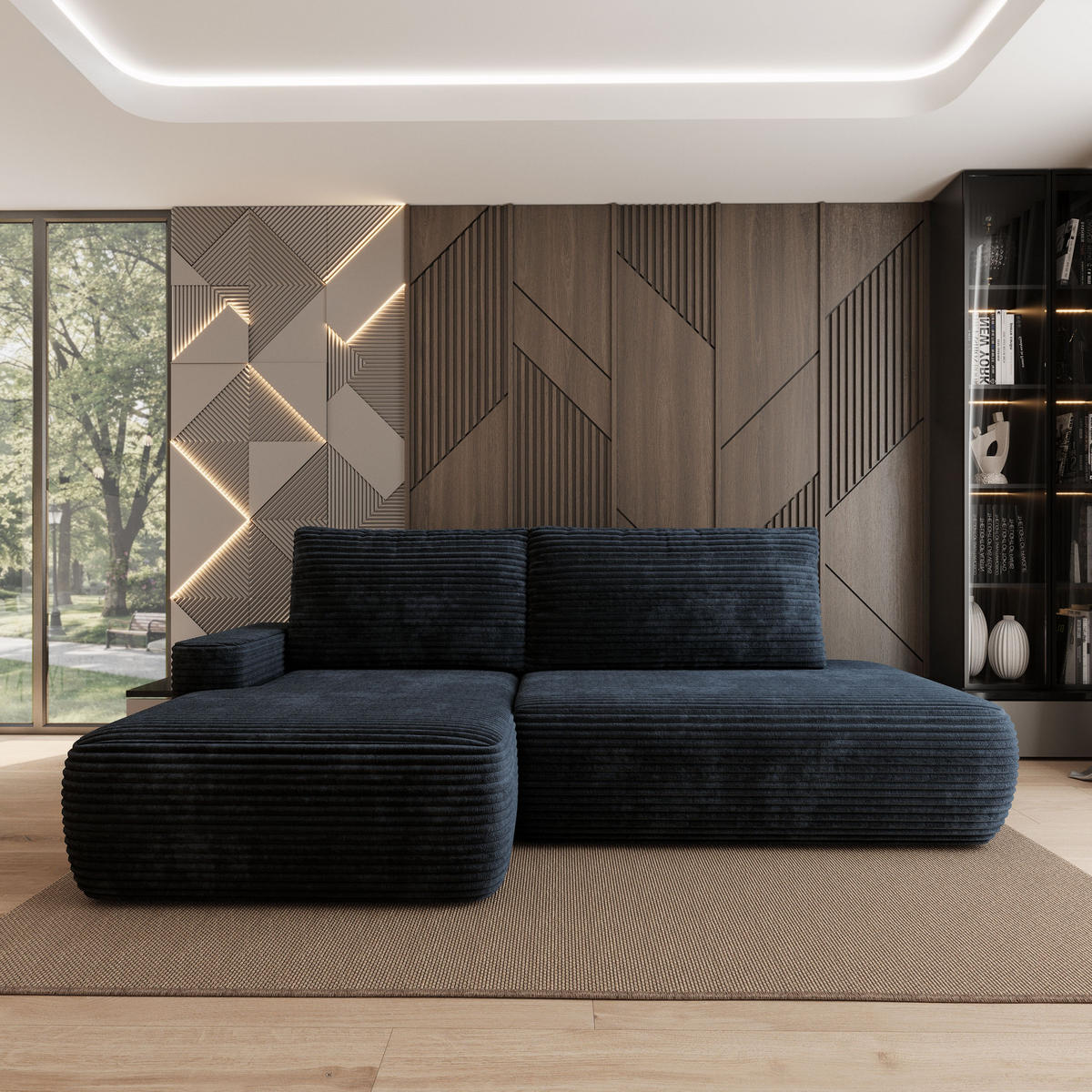 ECKSOFA AVINI T L-S Schwarz Kordstoff mit Schlaffunktion - Schwarz, Holzwerkstoff/Textil (277/160cm) - MASSENO