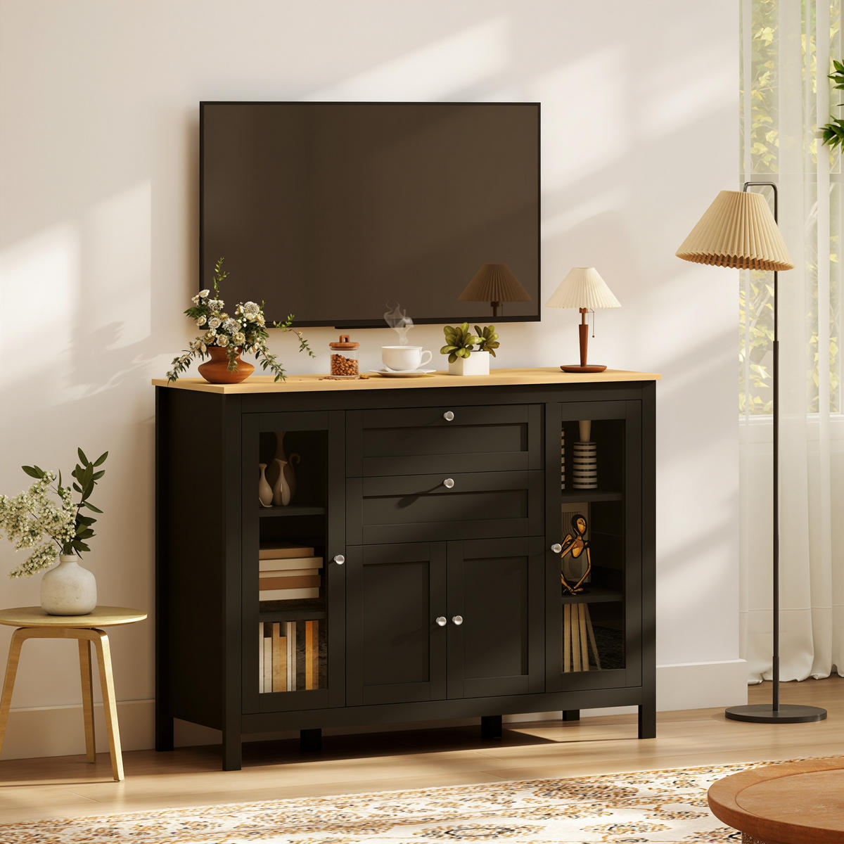 SIDEBOARD DE-11209 3 Schränke (2 mit Glas) Schwarz - Schwarz, Holzwerkstoff (120/90/40cm) - ComfortXL