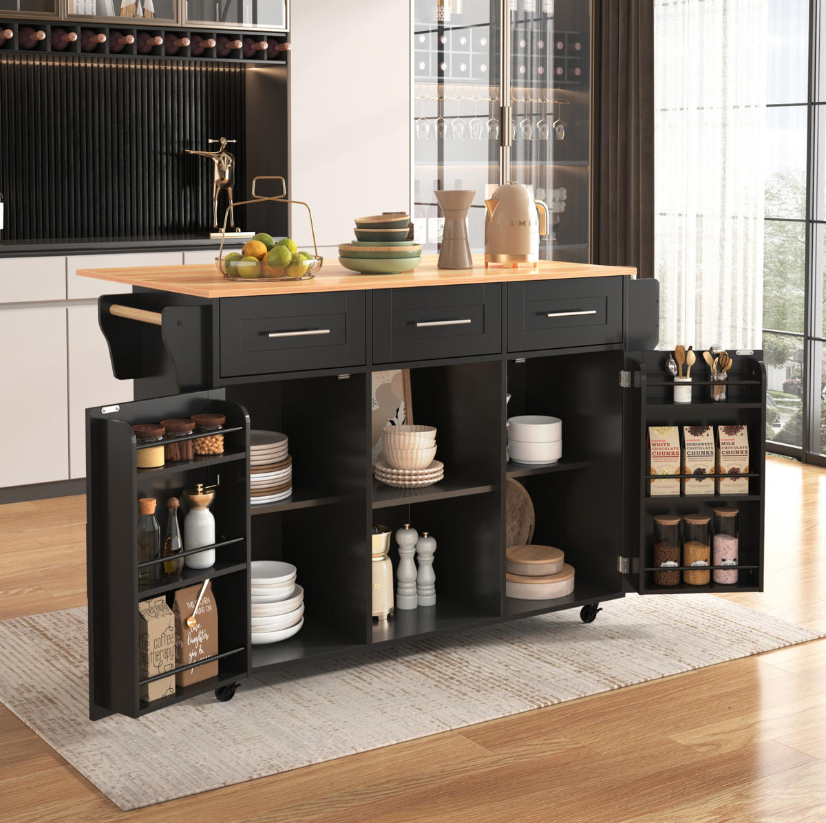 KÜCHENWAGEN mit Klappplatte 139 x 46(71) x 91,5 cm Schwarz/Natur - Schwarz, Holz (46/91.5/139cm) - Beauniv