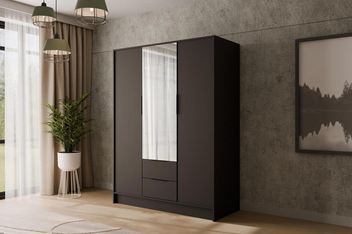 KLEIDERSCHRANK mit Spiegel und Flügeltüren KOLIN 150x200cm Schwarz - Schwarz, Holzwerkstoff (150/200/51cm) - ALTDECOR