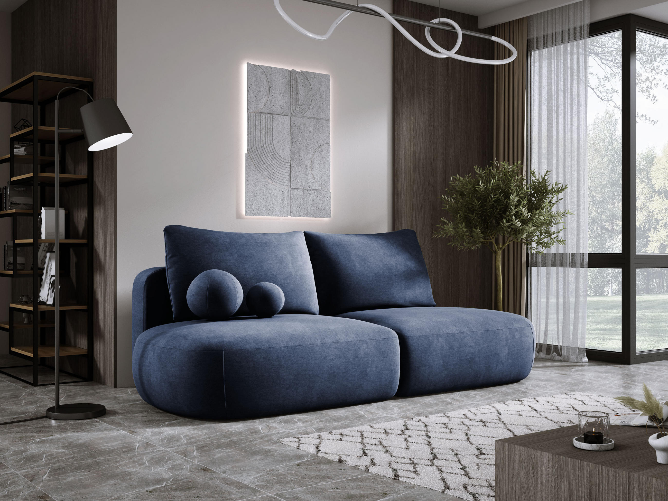 SCHLAFSOFA Moderne BABU mit Schlaffunktion – 3-Sitzer Sofa mit Bettkasten, DL-Automat, 2 Rückenkissen, 2 Zierkissen, 240x90x90 cm, Blau - Blau, Holz/Textil (240/90/90cm) - DomoHome