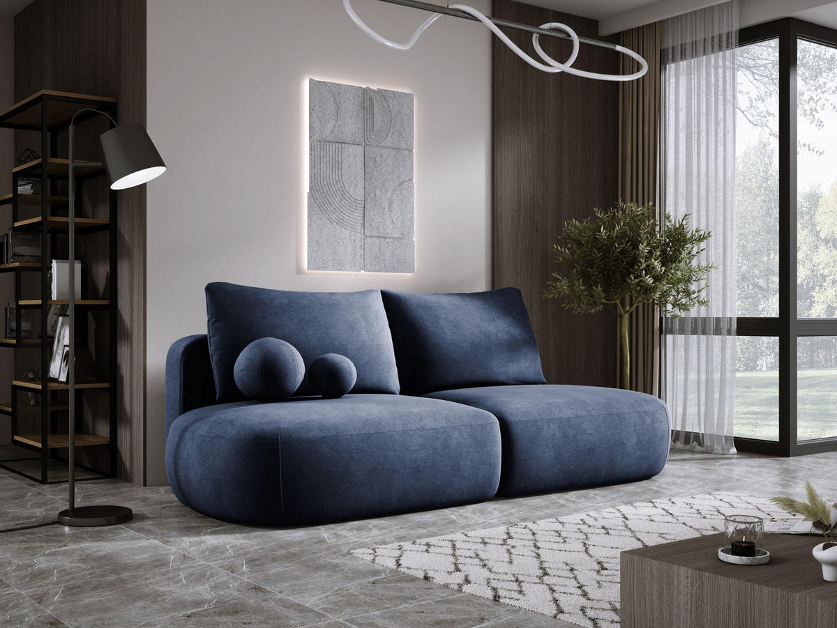 SCHLAFSOFA Moderne BABU mit Schlaffunktion – 3-Sitzer Sofa mit Bettkasten, DL-Automat, 2 Rückenkissen, 2 Zierkissen, 240x90x90 cm, Blau - Blau, Holz/Textil (240/90/90cm) - DomoHome