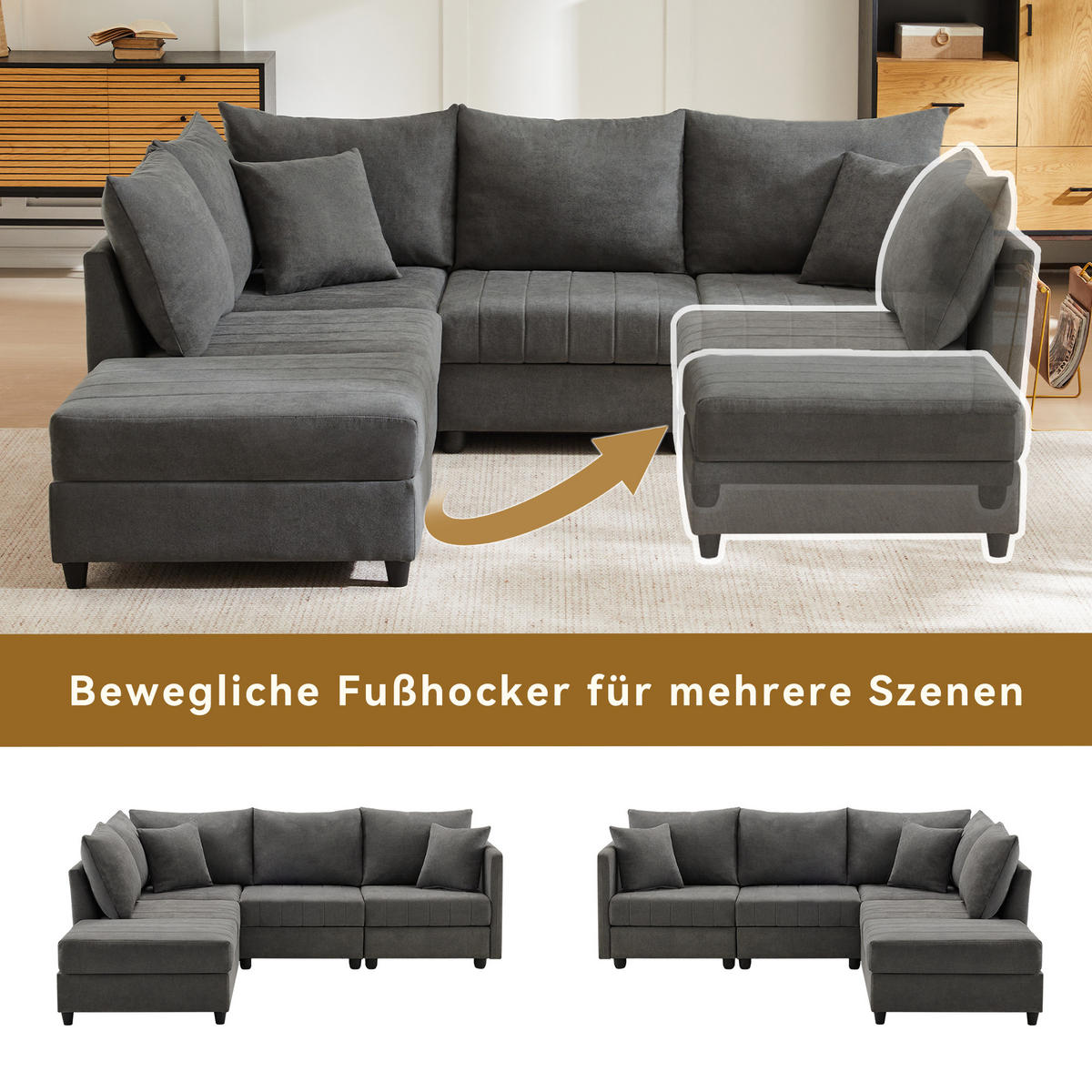 ECKSOFA 220/194/85 cm Grau mit umwandelbarem Fußhocker - Grau, Textil (220/194cm) - Oxeza