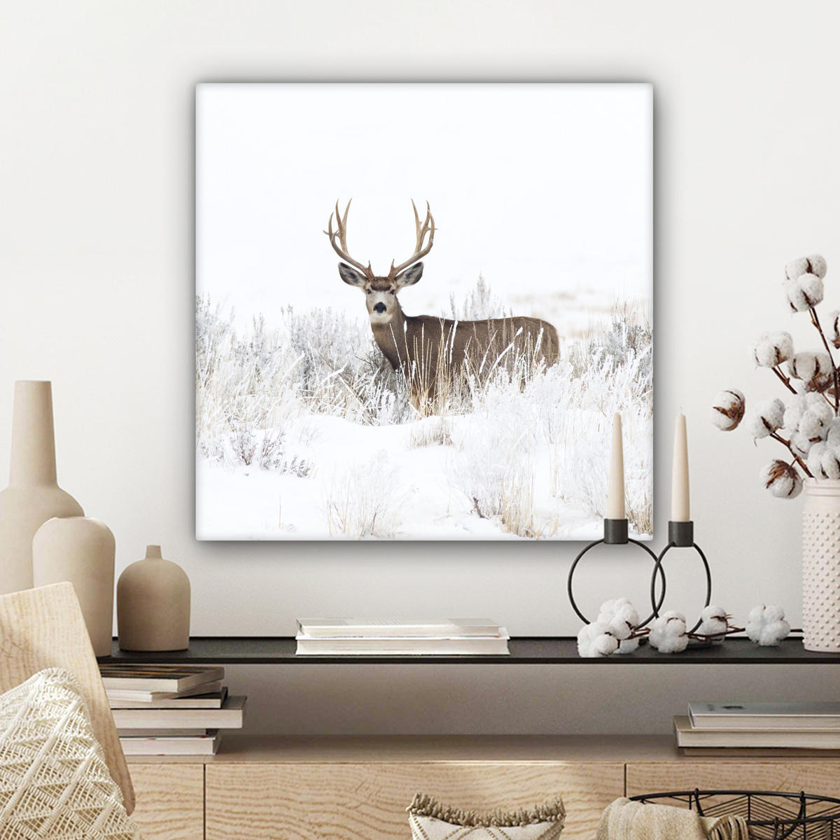 LEINWANDBILD Hirsche - Winter - Schnee - Tiere - Jahreszeiten - Weiß Wandbild Wohnzimmer 50x50 cm - Hellbraun, Textil (50/50cm) - MuchoWow
