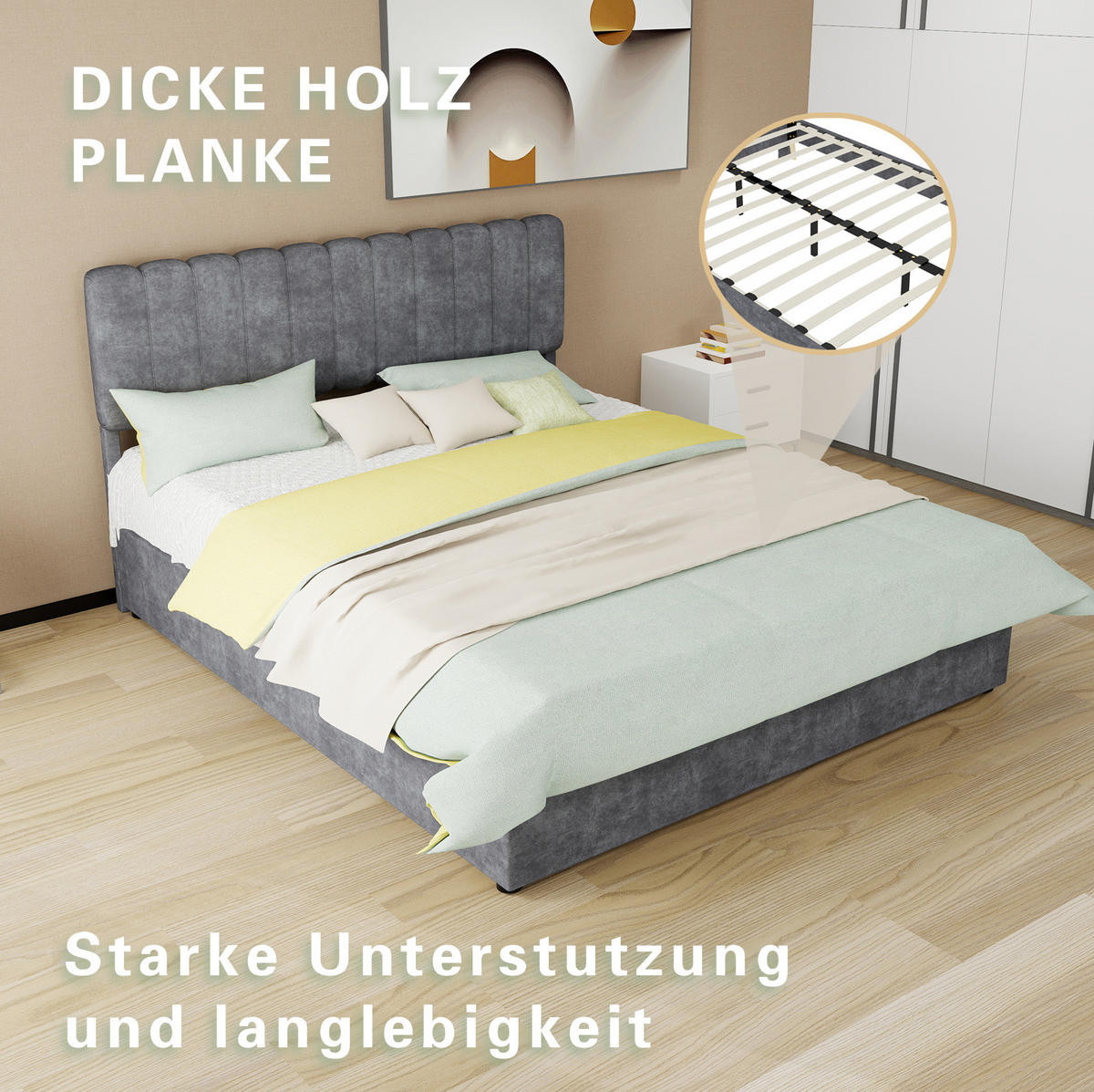 POLSTERBETT 160/200 cm mit hohem Kopfteil und Matratze, Grau - Grau, Textil (160/200cm) - Redom