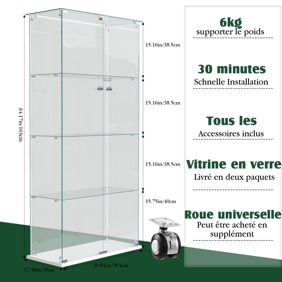 GLASVITRINE mit 2 Türen und LED Vitrinenschrank in Weiß für Sammlungen - Weiß, Glas/Holz (35/155/78.5cm) - PARAFTA HOME
