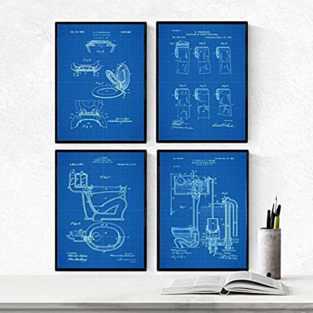 POSTER Set mit 4 BLAU Badezimmer Patent A3 Rahmenlos - Klar, Papier (29.7/3cm) - Nacnic