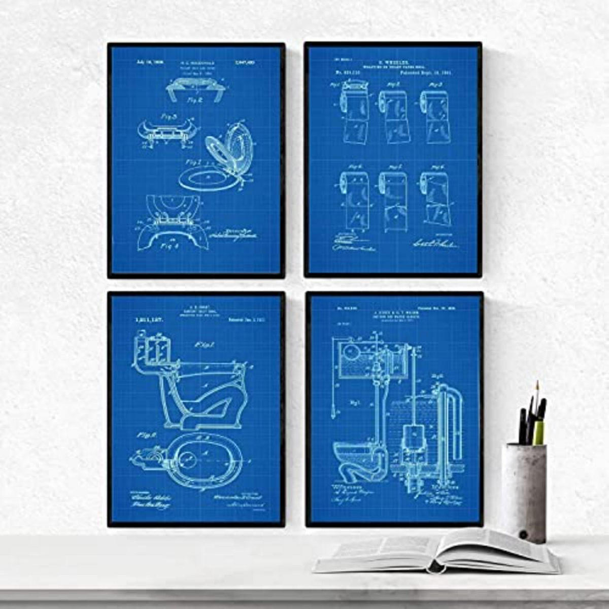 POSTER Set mit 4 BLAU Badezimmer Patent A3 Rahmenlos - Klar, Papier (29.7/3cm) - Nacnic