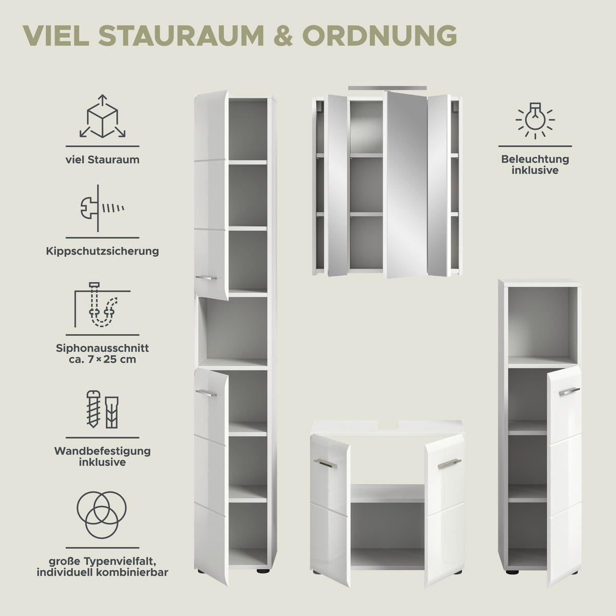 BADEZIMMER 4 tlg. inkl. Beleuchtung Alba Bad in weiß Nb. und weiß HG B/H/T: 150x185x30 cm - Weiß, Holz (150/185/30cm)
