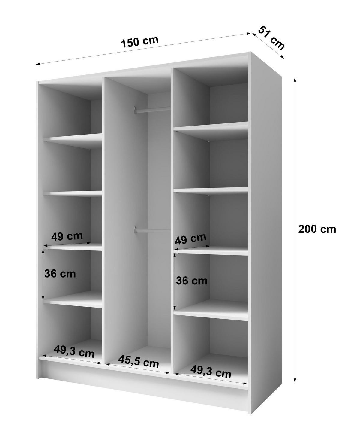 SCHRANK Weiß 150 ALA Glatt Ohne Spiegel Ohne Griffe - Weiß, Holzwerkstoff (150/200/51cm) - Sepro Meble