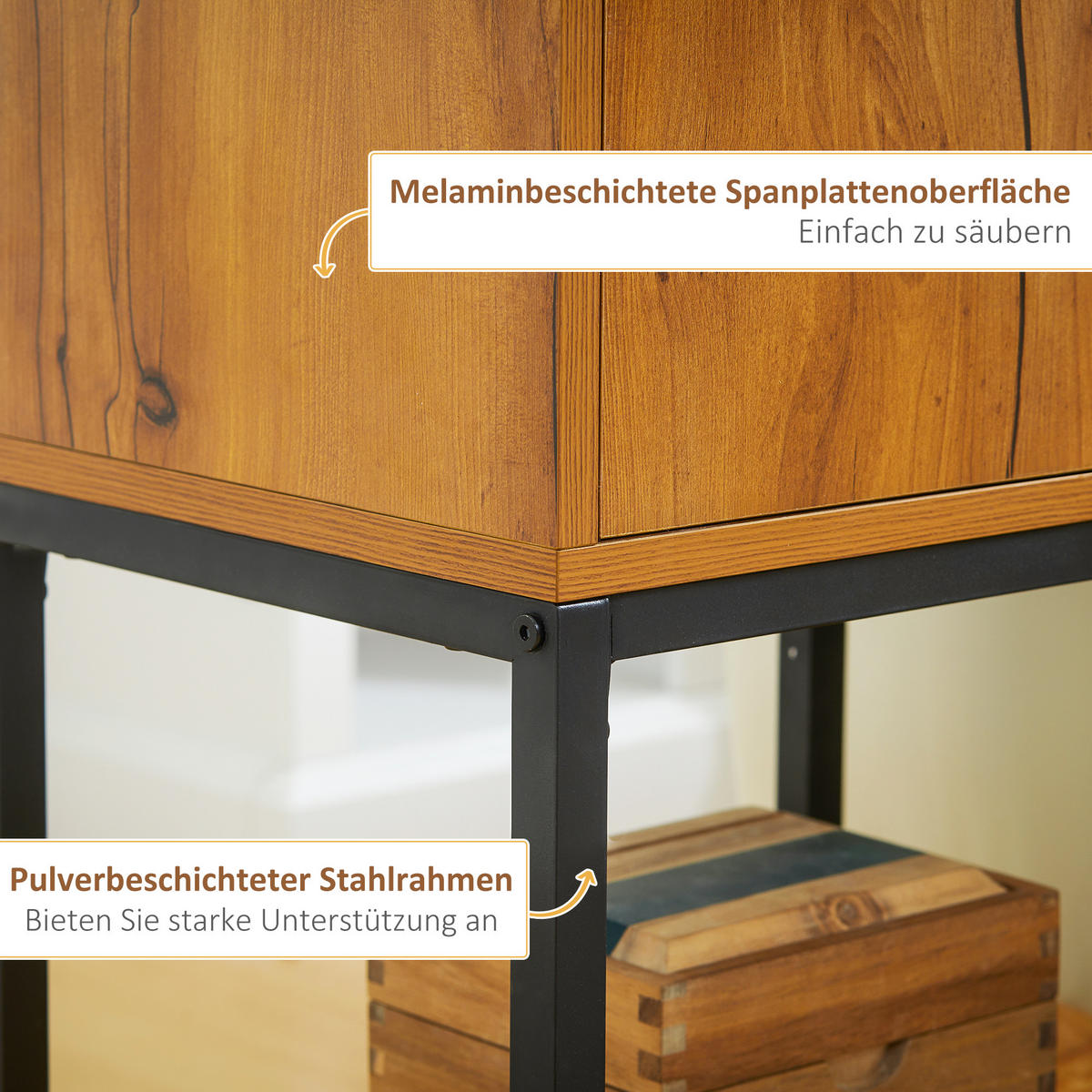 KONSOLENTISCH, Flurtisch mit Schrank, Sofatisch im Industriedesign für Eingang - Naturfarben, Kunststoff/Metall (40/30/76cm) - HOMCOM