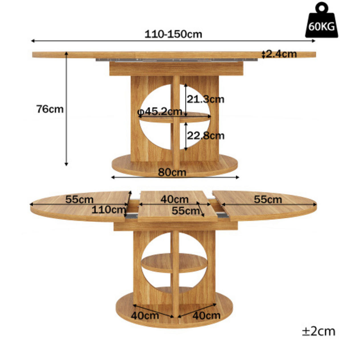 ESSTISCH Ausziehbarer 110-150×110×76 cm aus MDF und Metall mit mittlerem Ablageregal, naturfarben - Naturfarben, Holzwerkstoff (150/110/76cm) - Luhomfu