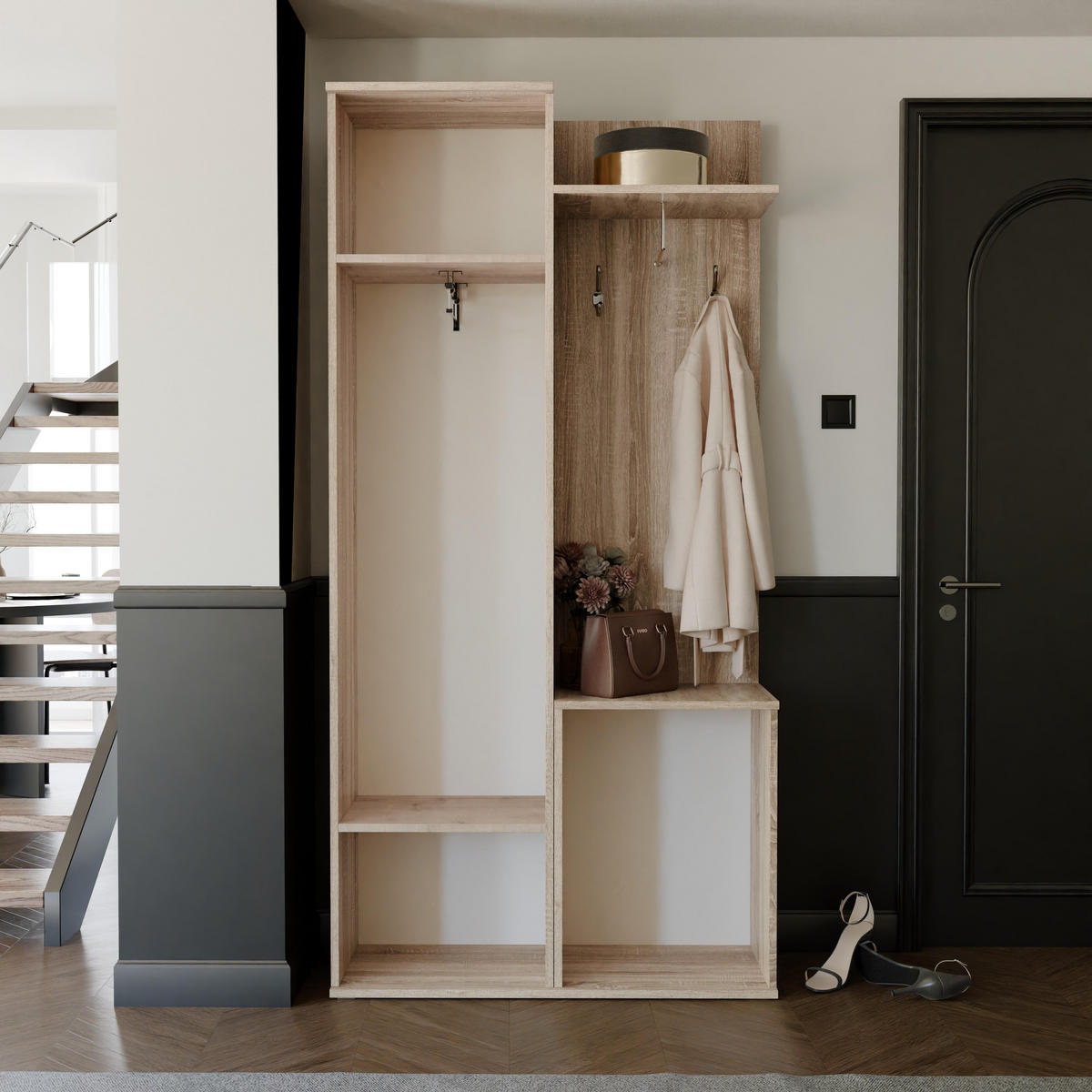 GARDEROBENSCHRANK mit Spiegel-mit Ablagen und Kleiderstange - Braun/Weiß, Holzwerkstoff (97/195/30cm) - Idohome