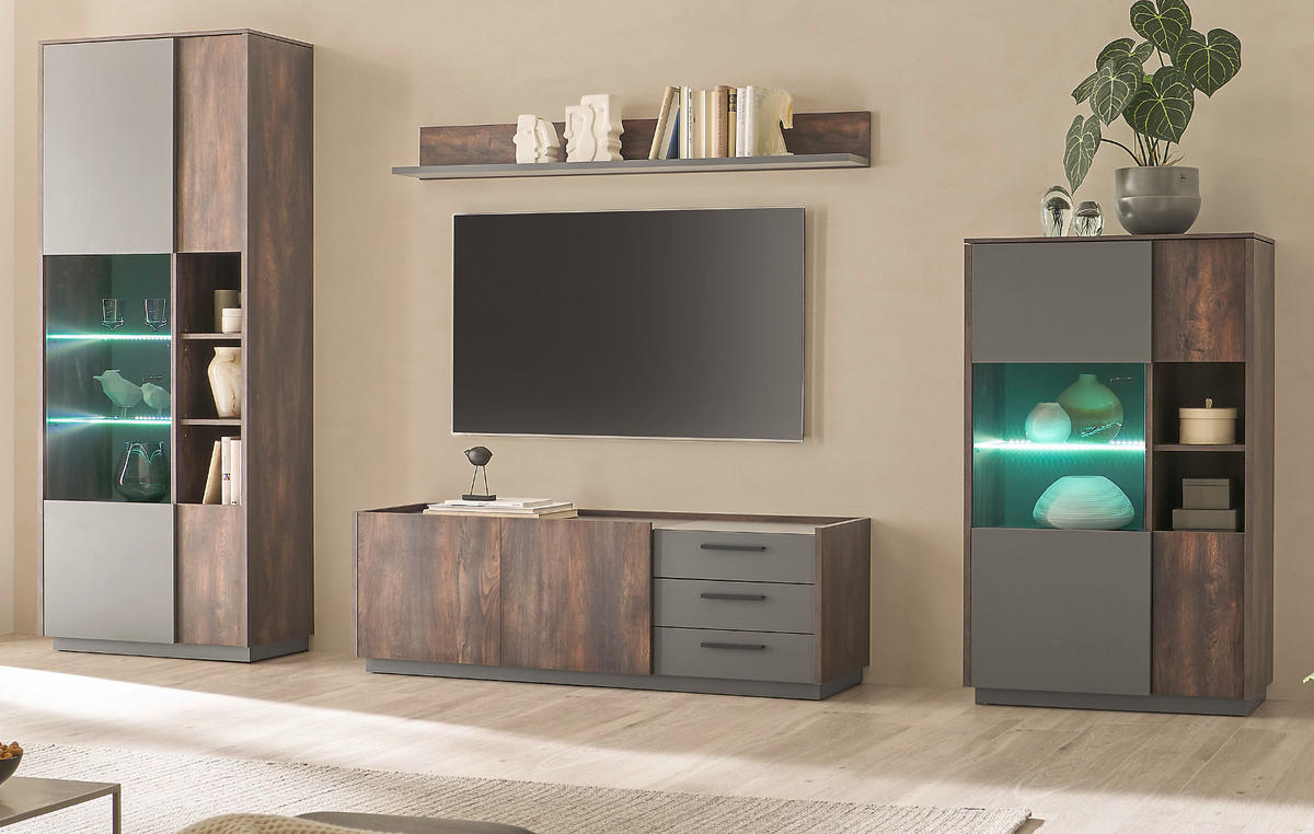 WOHNWAND Thermo Eiche, grau, Wohnkombination 2-teilig mit Soft-Close 270 x 180 cm - Eichefarben/Grau, Holzwerkstoff/Metall (270/180/45cm) - Furn.Design