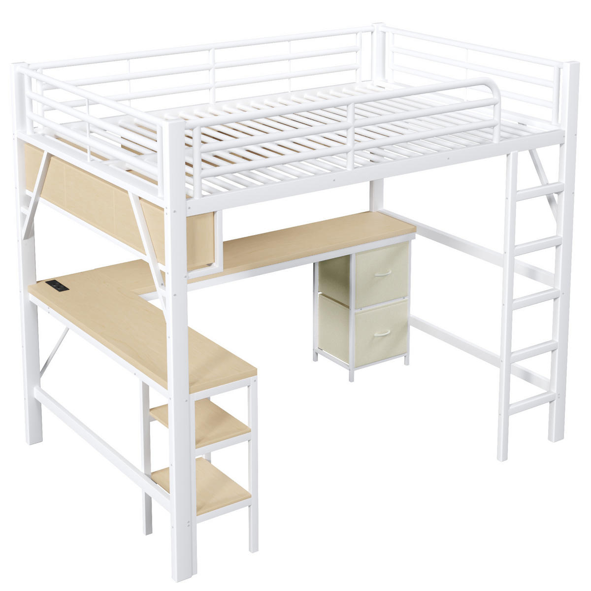 HOCHBETT mit Schreibtisch, Regalen und LED, Weiß, 140/200 cm - Weiß, Metall (140/200cm) - MIVRAY