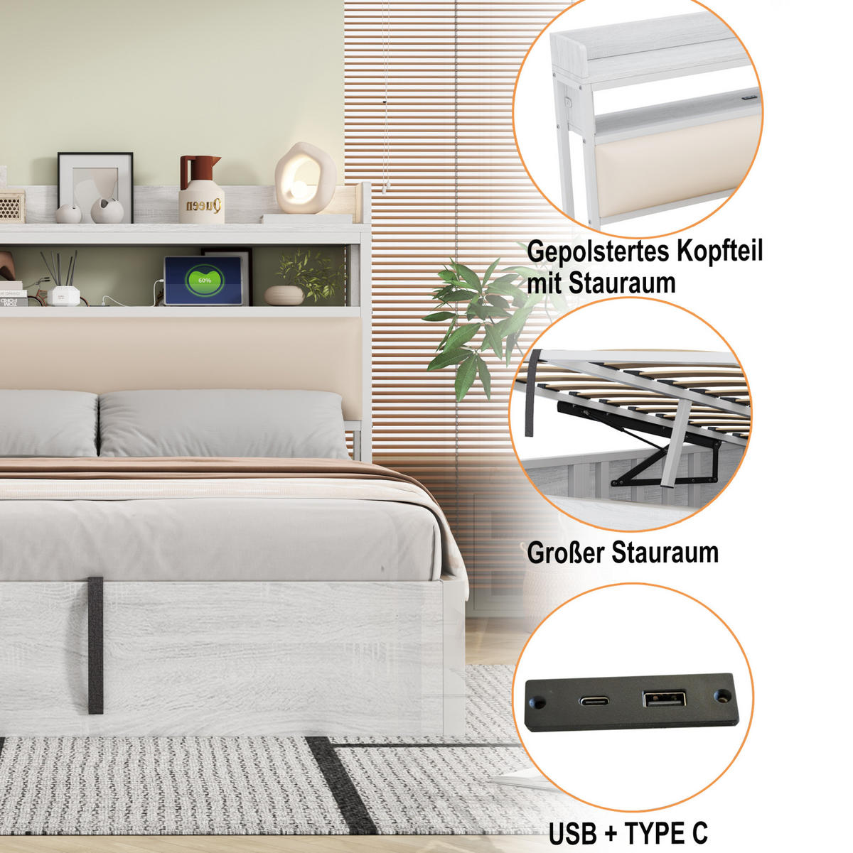 BETT 180/200 cm Weiß mit Stauraum, USB-Anschlüssen und Vintage-Look - Weiß, Metall (180/200cm) - Flora Grace