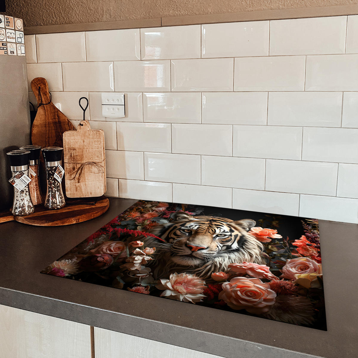 HERDABDECKPLATTE Tiger - Tier - Natur - Floral - Botanisch 65x52 cm - Orange, Kunststoff (65/0.2/52cm) - MuchoWow