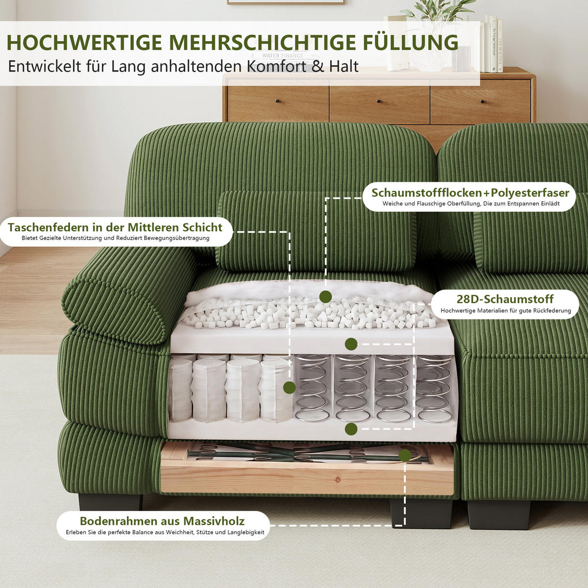 ECKSOFA L-Form 3-Sitzer mit Hocker, DE-42659, Grün - Grün, Holz (265/161cm) - ComfortXL