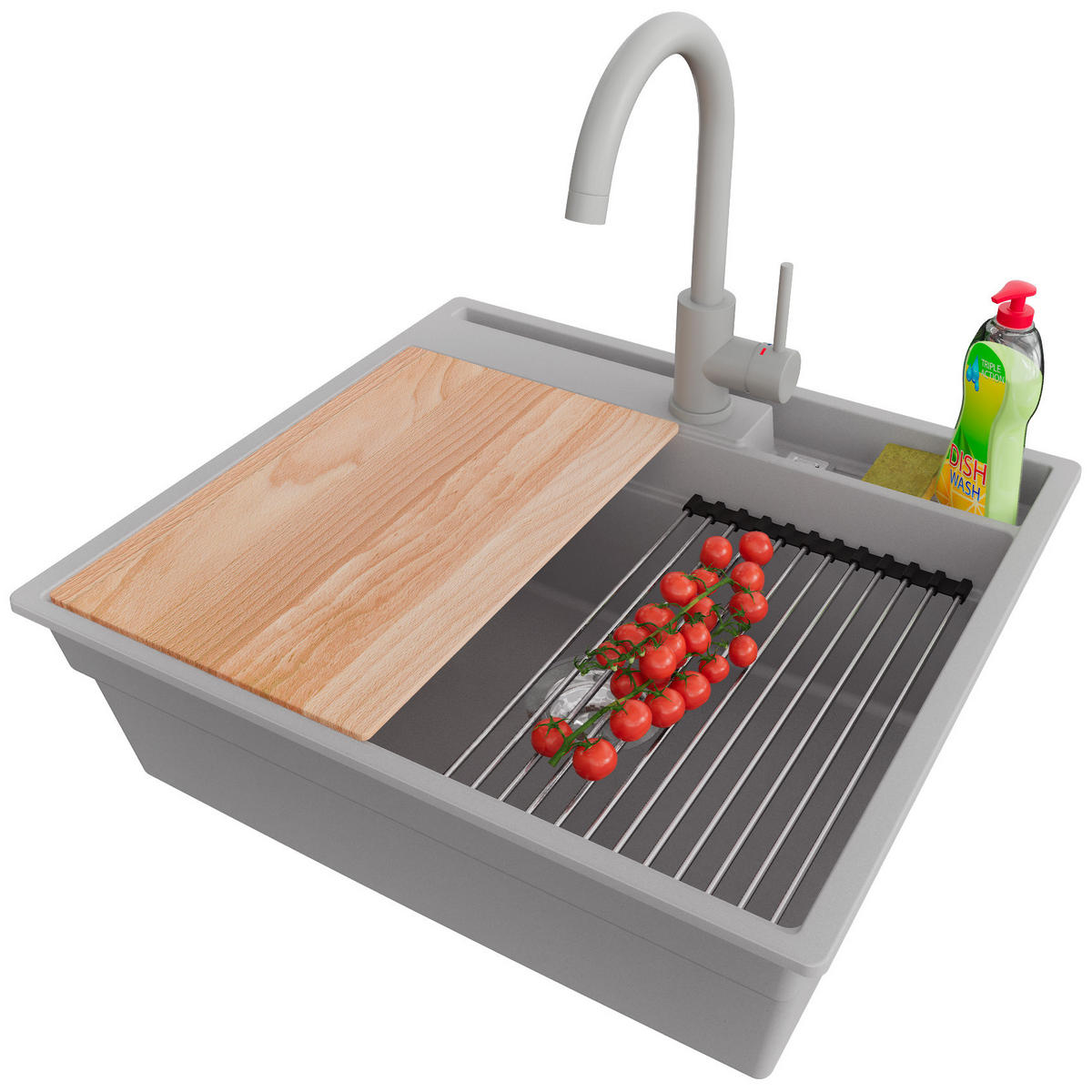 GRANITSPÜLE Oslo Pocket, 2-er set Grau 58/53 cm 1 Becken + Küchenarmatur 32/20 cm + Ablauf-Set + Küchenzubehörset ab 60er Unterschrank - Chromfarben/Beige, Kunststoff (58/20/53cm) - Primagran