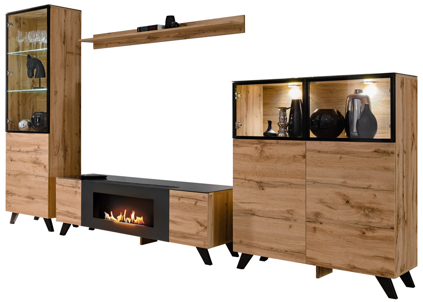 WOHNWAND Wotan Eiche, schwarz 330 cm, Schrankwand mit Kamin, inklusive LED - Eichefarben/Schwarz, Glas/Holz (330/197/45cm) - Inn.Furn