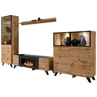 WOHNWAND Wotan Eiche, schwarz 330 cm, Schrankwand mit Kamin, inklusive LED - Eichefarben/Schwarz, Glas/Holz (330/197/45cm) - Inn.Furn