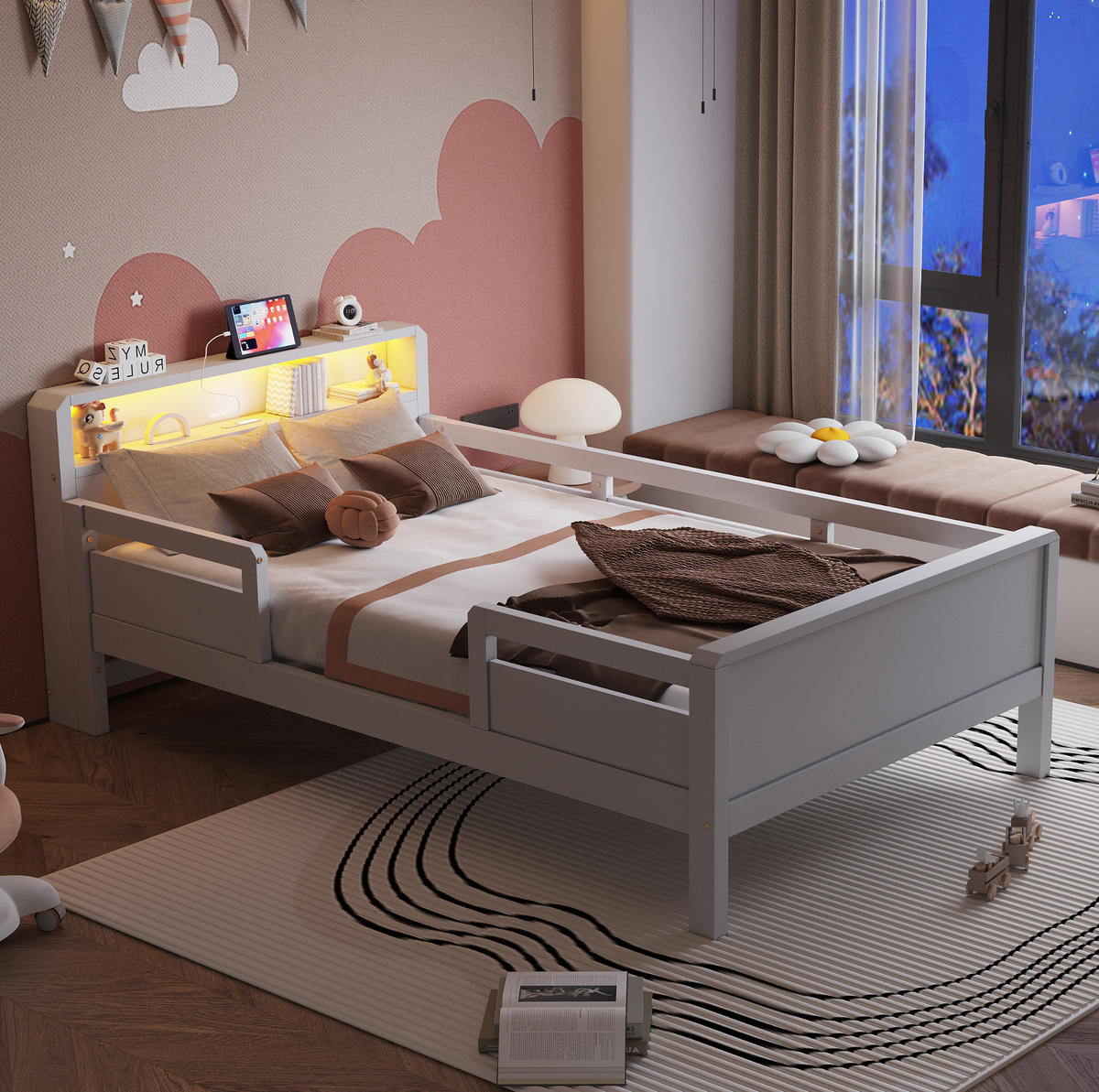 KINDERBETT 90/200 cm aus Kiefernholz mit Kopfteilablage und USB-C-Ladeanschluss Weiß - Weiß, Holz (90/200cm) - Modenvie