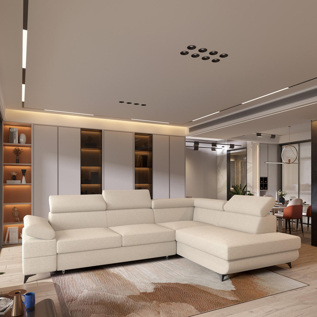 ECKSOFA FAVIEN R-S Creme Boucle-Stoff mit Schlaffunktion - Creme, Holz (257/190cm) - MASSENO