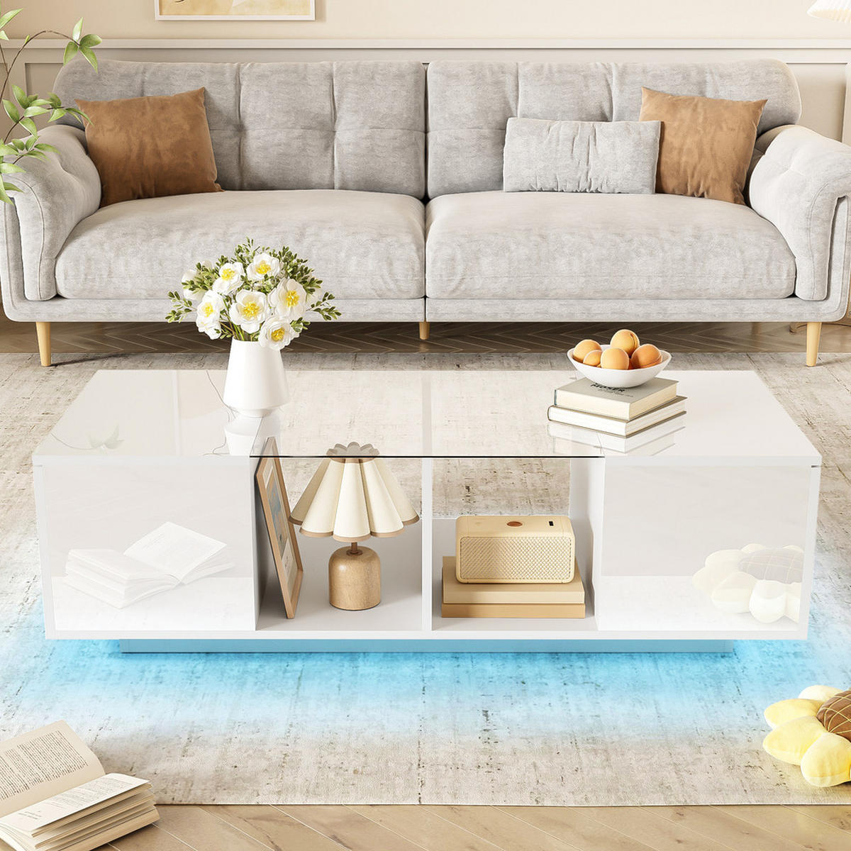 COUCHTISCH LED-Beleuchtung Hochglanz Weiß Glas & MDF 120x50cm - Weiß, Holz (129.49/59.51/14.99cm) - FLIEKS