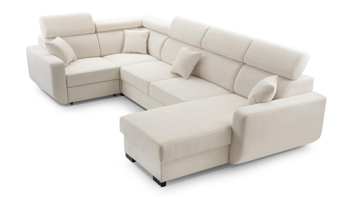 WOHNLANDSCHAFT CASTELLO Beige Plüsch-Stoff mit Schlaffunktion - Beige, Holz (337/97/184cm) - MASSENO