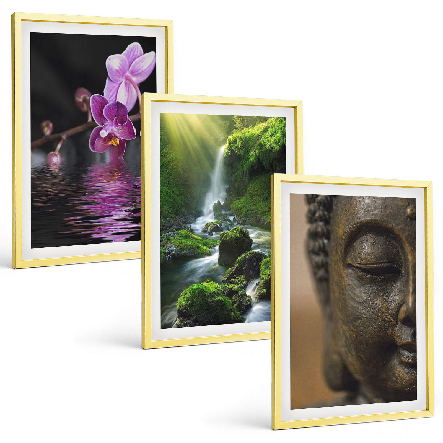 BILDER SET 3er Set - 40x60 cm Goldrahmen - Blumen, Wasserfall, Buddha-Felsen, Zen - Goldfarben, Kunststoff (40/60cm) - TULUP