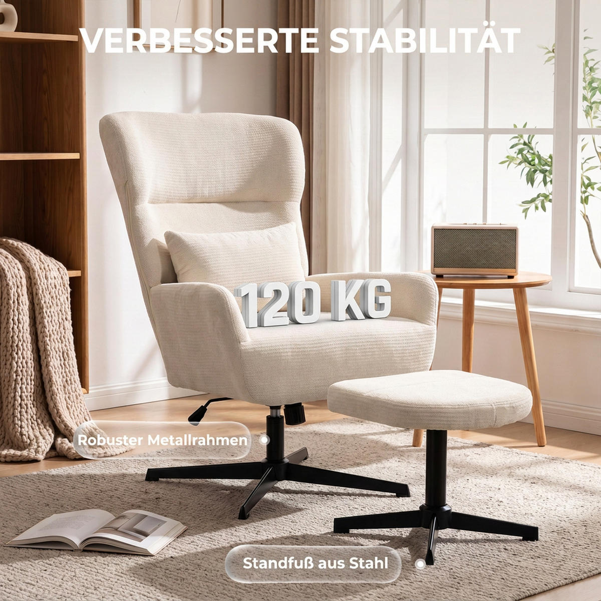 RELAXSESSEL-MIT-HOCKER 2er Set Polyester Cremeweiß - Creme/Schwarz, Textil/Metall (88/104/71cm) - HOMCOM