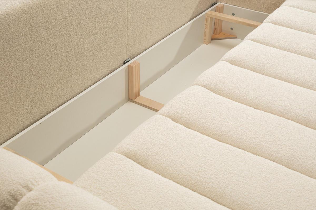 BETTSOFA FINO Creme Bucle-Stoff mit Schlaffunktion - Creme, Holz (248/87/100cm) - MASSENO