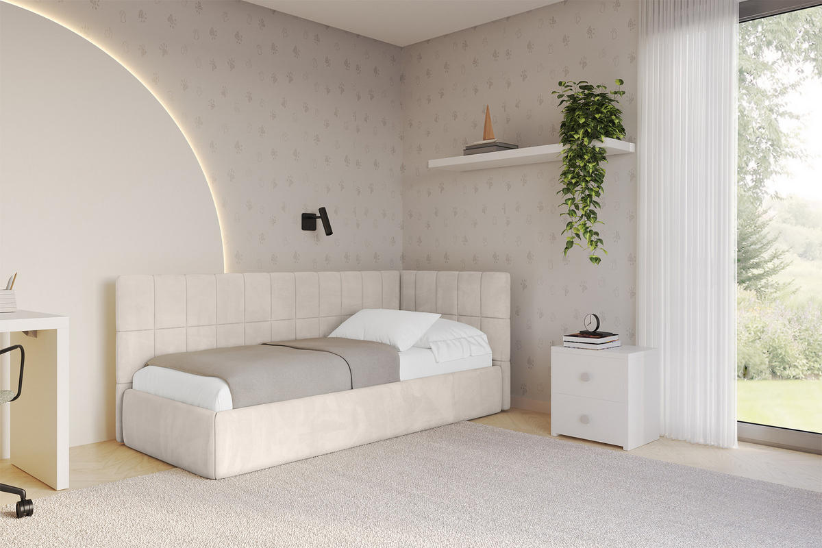 EINZELLBETT Jugendbett mit Bettkasten und Matratze H3/H4, Links - TULY 90x200 Beige - Ecru, Holzwerkstoff/Textil (90/200cm) - ALTDECOR