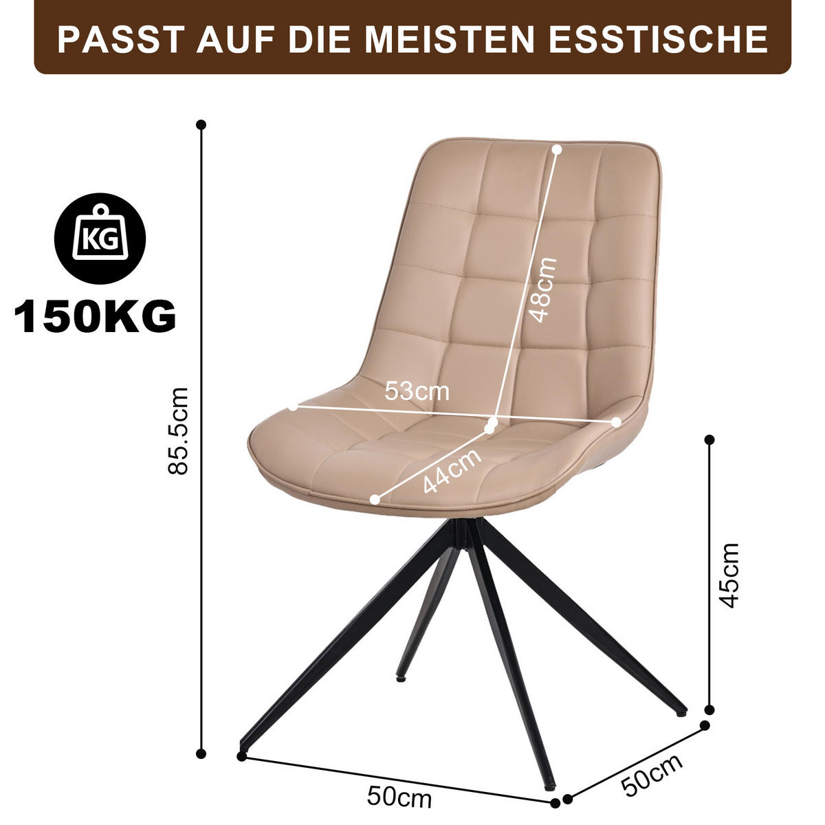 ESSZIMMERSTUHL-SET 2 Stück mit Drehfunktion aus Kunstleder(YZ4) - Hellbraun, Textil (53/85.5/62cm) - HOMAVO