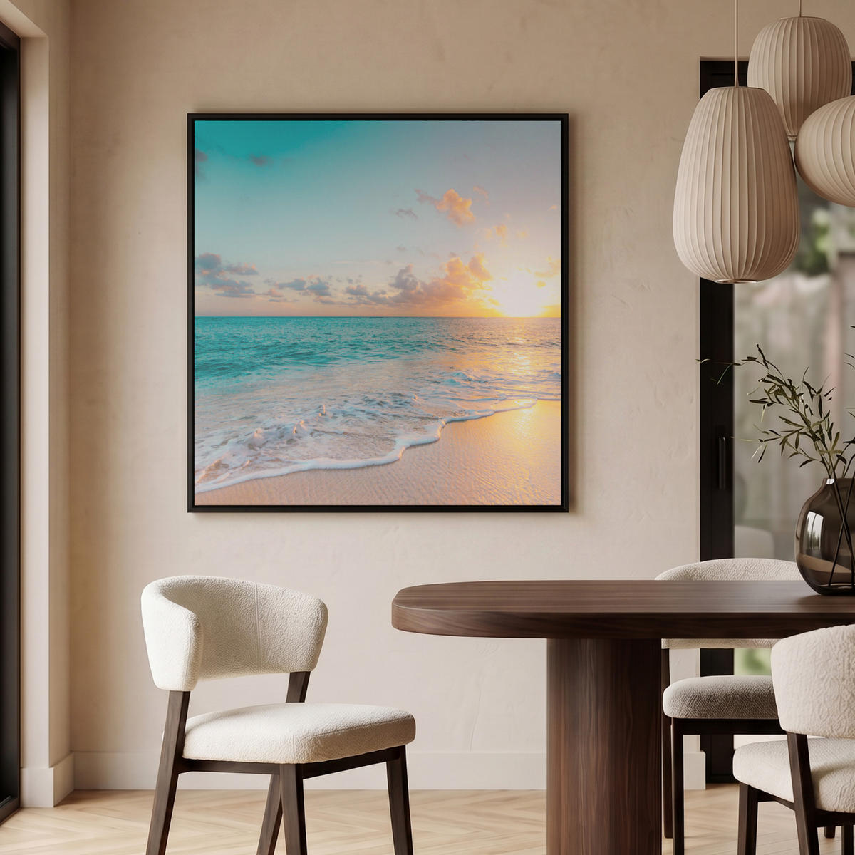 LEINWAND Bilder mit Rahmen - Sonnenuntergang - Strand - Meer - Sommer - Blau - 90x90 - Multicolor, Textil (90/90cm) - MuchoWow