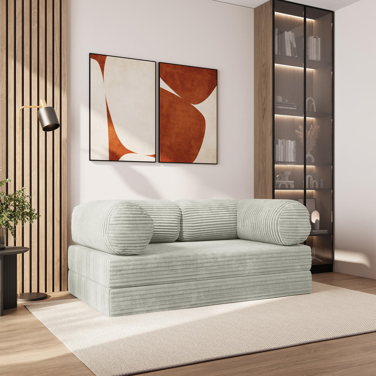 BETTSOFA ALVIO aus Schaumstoff Cordstoff Hellgrau Schlaffunktion - Hellgrau, Textil (170/68/80cm) - MASSENO