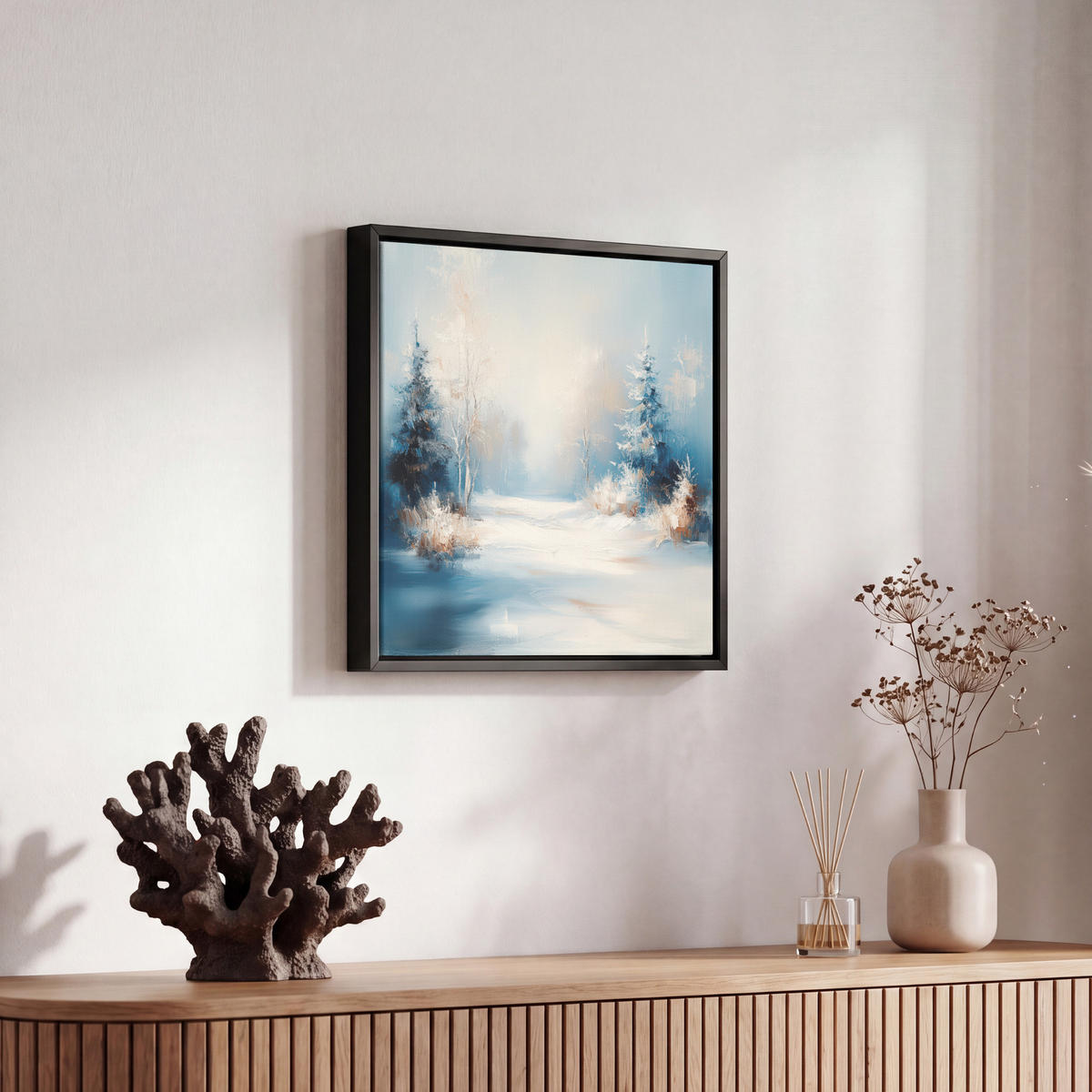 LEINWAND Bilder mit Rahmen - Wald – Winter – Natur – Abstrakt – Schnee - 20x20 - Weiß, Textil (20/20cm) - MuchoWow