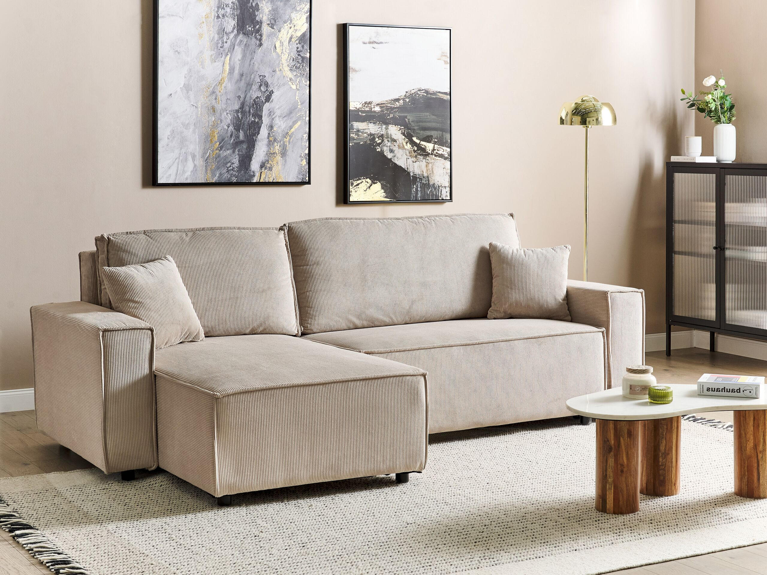 2-SITZER-ECKSOFA Cord beige linksseitig mit Schlaffunktion Abacka - Beige/Schwarz, Textil (247/147cm) - Beliani