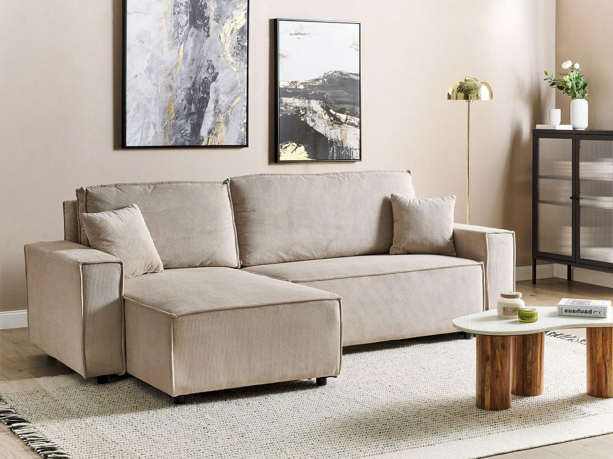 2-SITZER-ECKSOFA Cord beige linksseitig mit Schlaffunktion Abacka - Beige/Schwarz, Textil (247/147cm) - Beliani