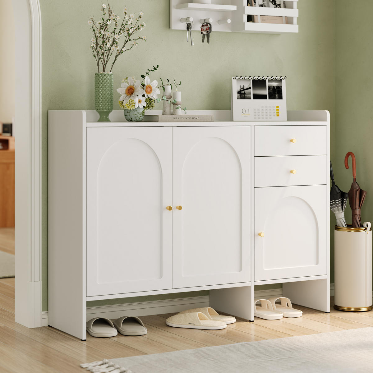 SCHUHSCHRANK in Weiß Schuhkommode mit 3 Türen,2 Schubladen & Metallgriffen, viel Stauraum für Flur/Diele, B120/T35/H90cm - Weiß, Holzwerkstoff (120/90/35cm) - STILVORA
