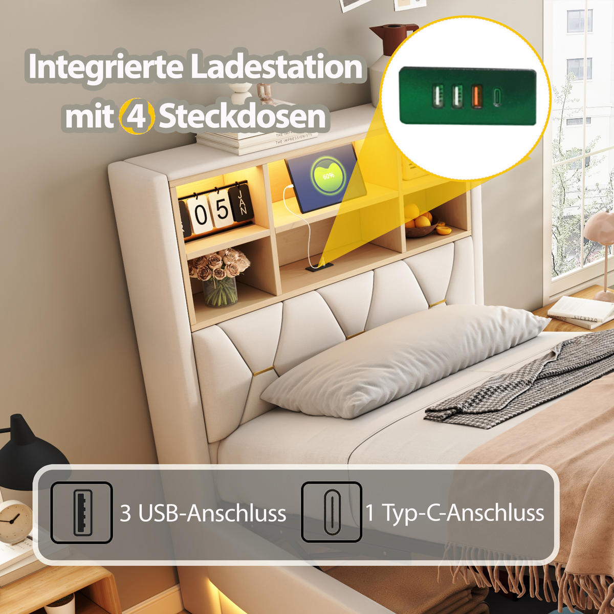 POLSTERBETT 90x200 cm mit LED, USB, Stauraum, Leinen, Beige - Beige, Holz (90/200cm)