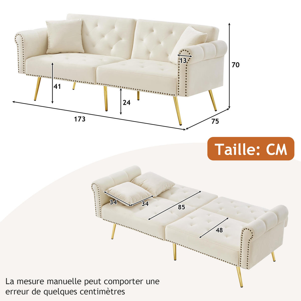 SCHLAFSOFA 2-Sitzer mit verstellbarer Rückenlehne Samt Beige 147/85/41 cm - Beige, Kunststoff (173/70/75cm) - OKWISH