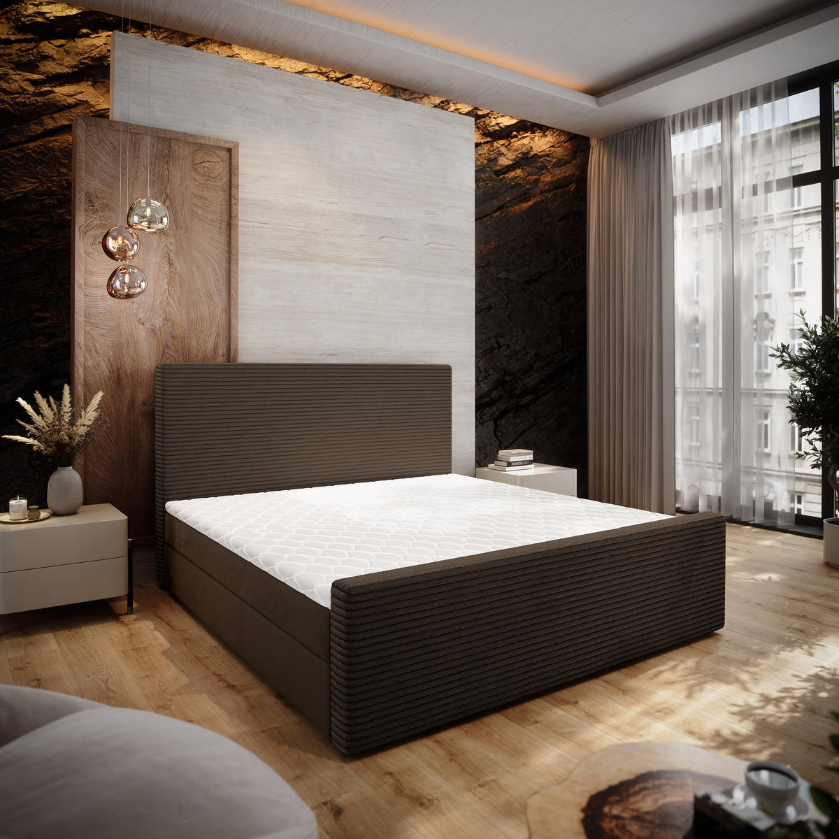 BOXBETT ALORIA 180x200 cm mit Matratze und Topper - Braun - Braun, Holz (180/200cm) - MASSENO