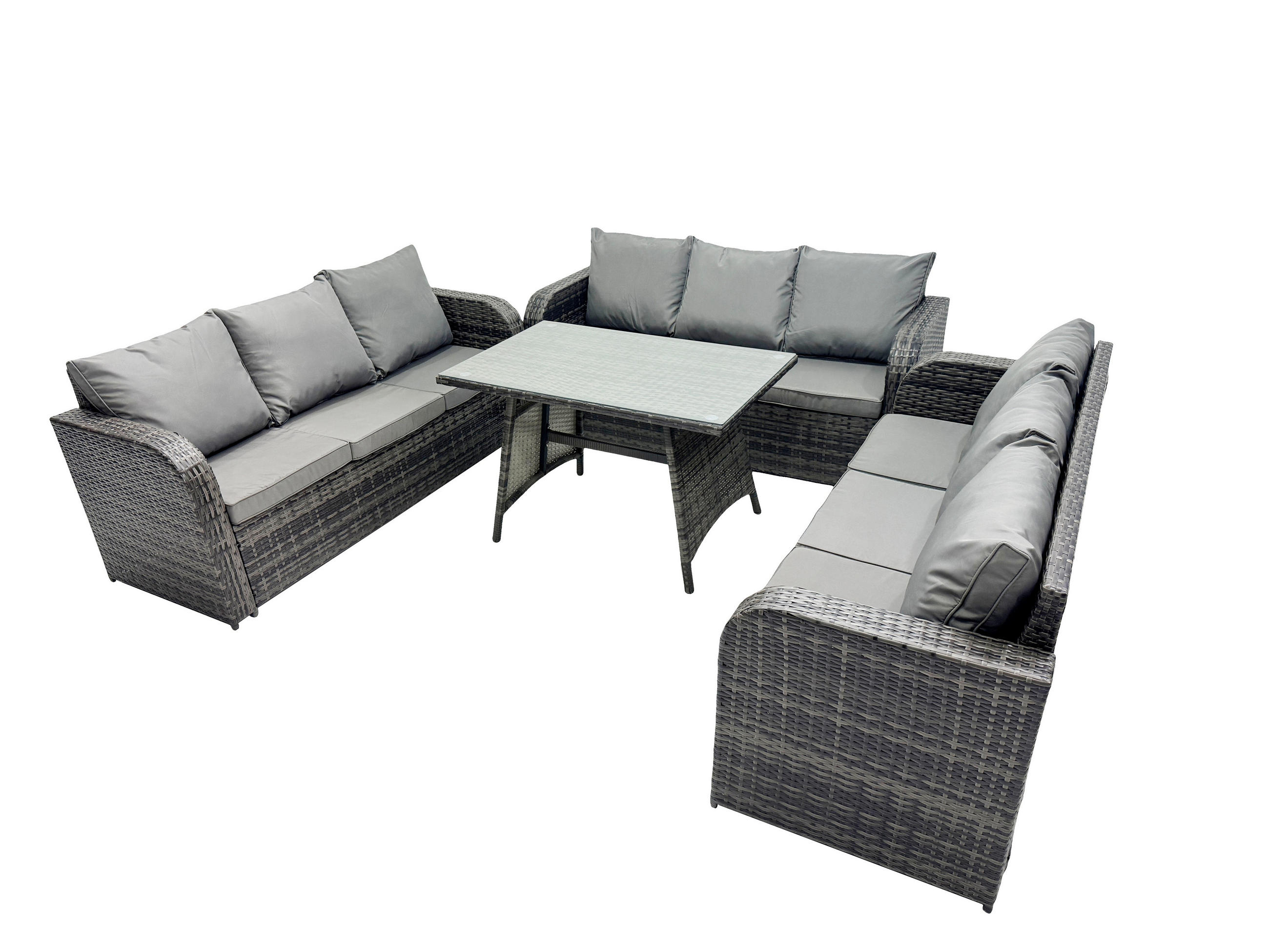 GARTENMÖBELSET mit ESSTISCH, 3-SITZER SOFA Polyrattan 9-Sitzer - Dunkelgrau/Grau, Glas/Kunststoff - Fimous